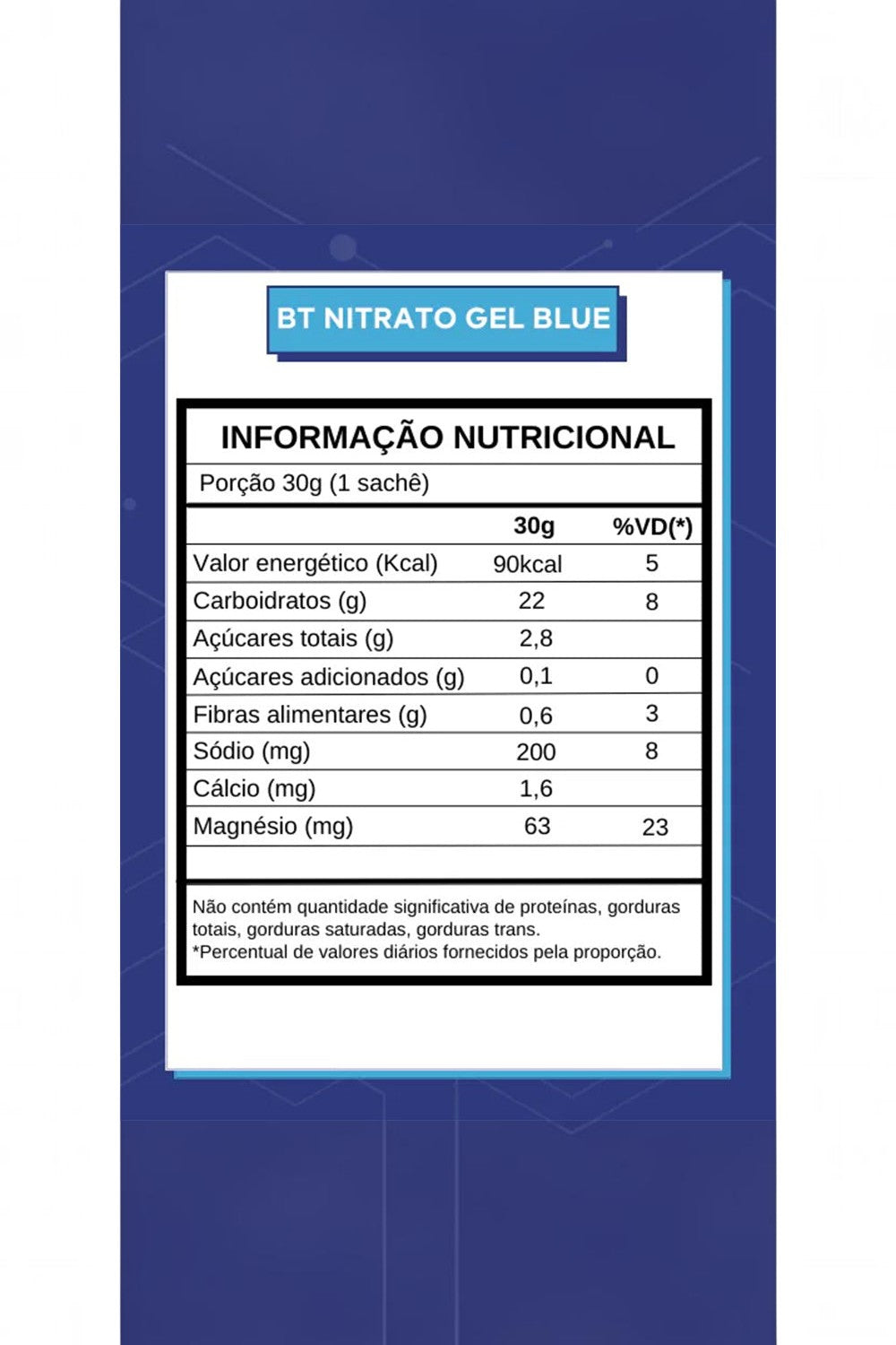 Tabela nutricional do gel de carboidrato BT Nitrato Gel Blueberry da marca SPORTBR com informações de porção de 30g.