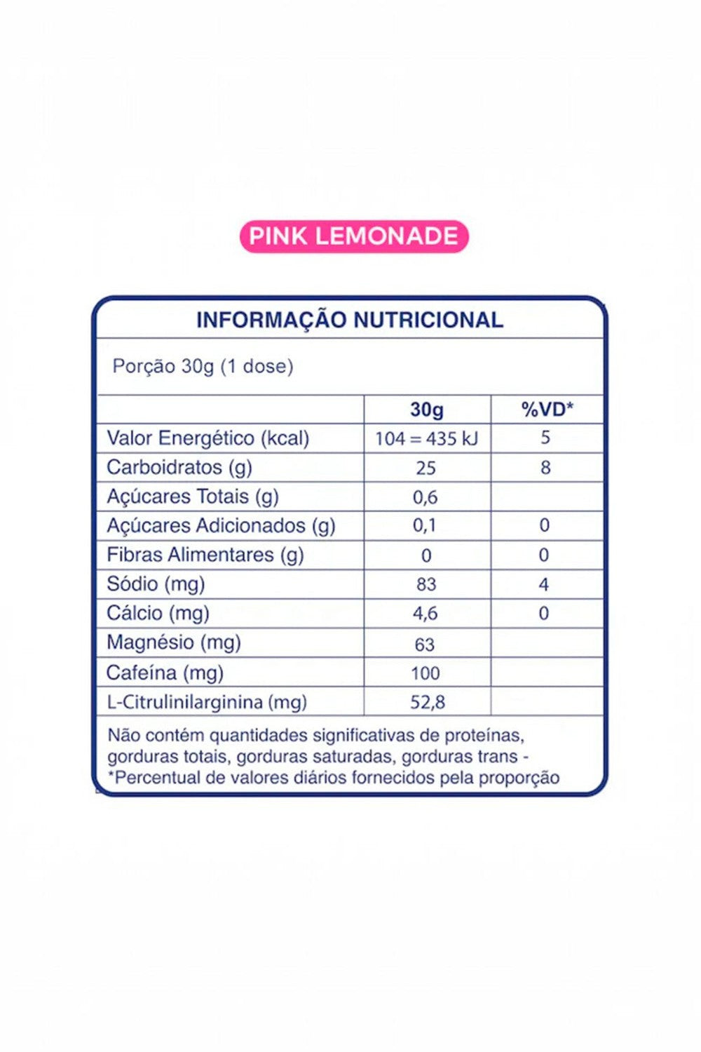 Tabela de informação nutricional do suplemento BT Nitrato SPORTBR sabor Pink Lemonade em sachê de dose única