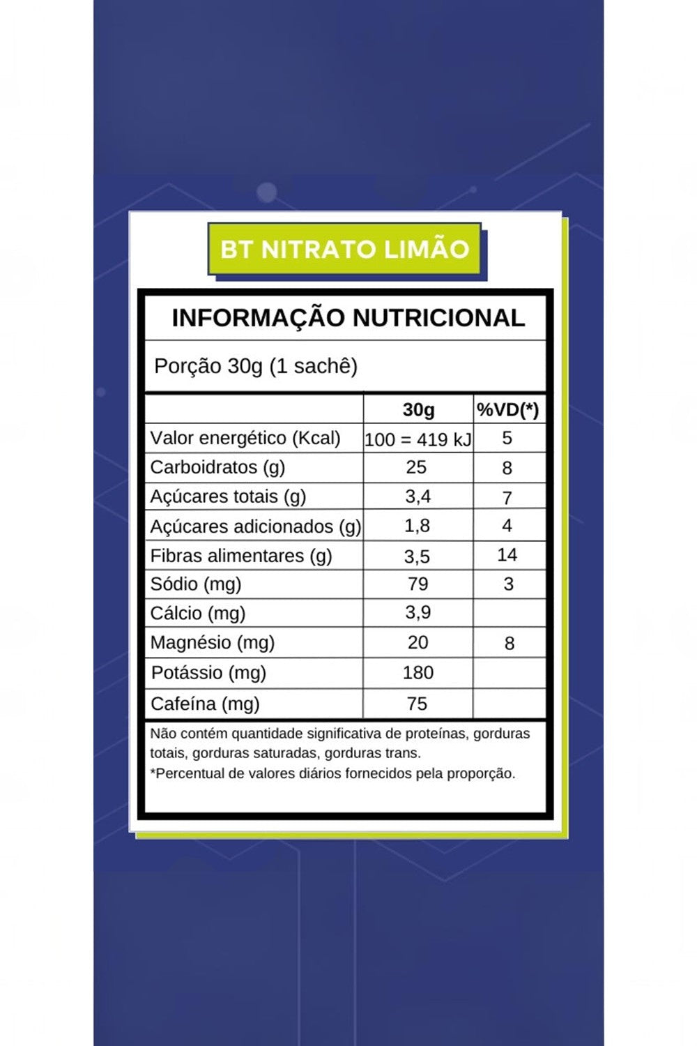 Tabela de informação nutricional do suplemento BT Nitrato sabor limão e gengibre da marca SPORTBR em fundo azul.