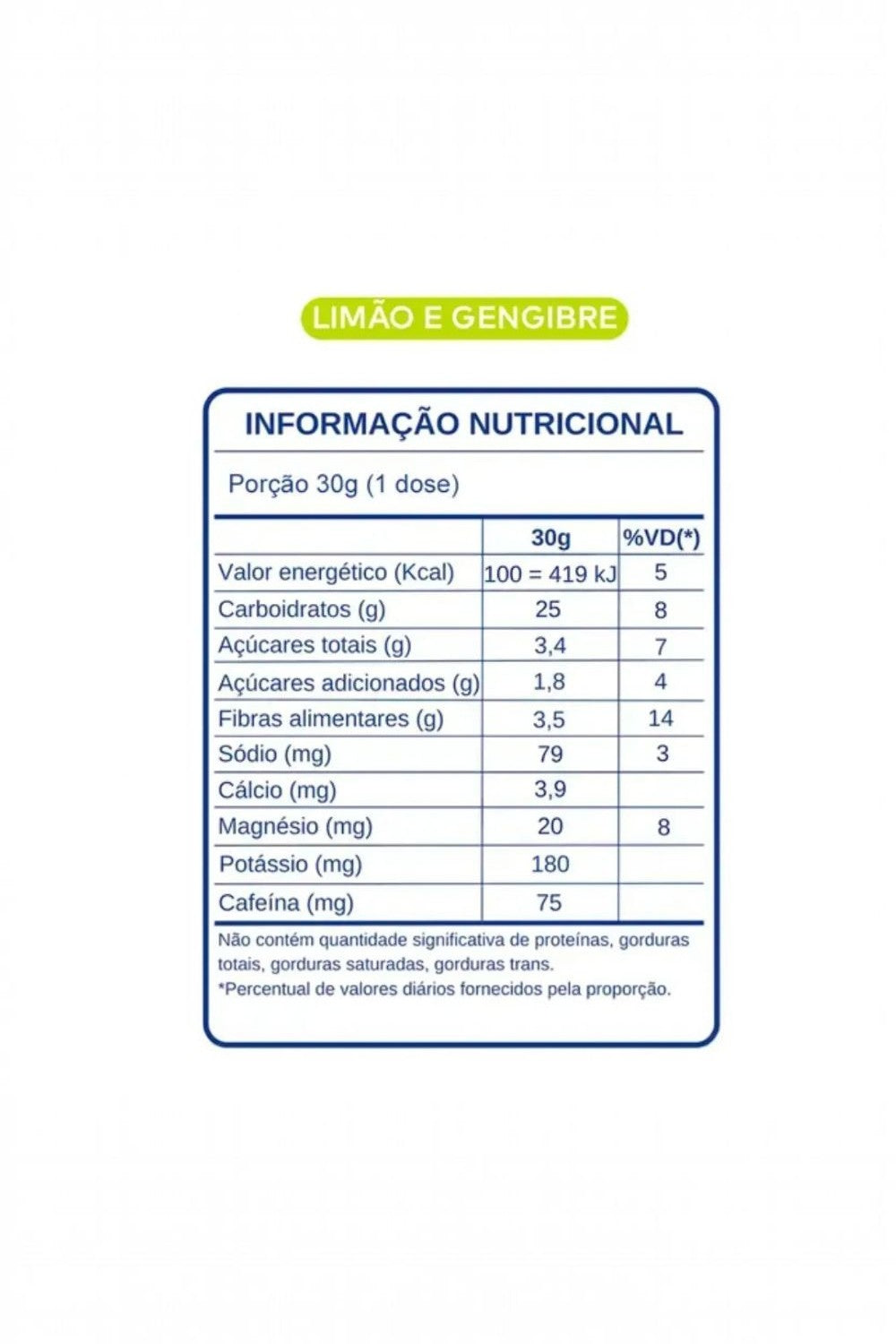 Tabela de informação nutricional do suplemento SPORTBR BT Nitrato sabor limão e gengibre em dose única de 30g.