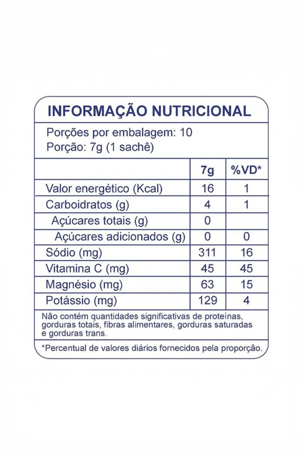 Tabela de informação nutricional do sachê de eletrólitos em pó SPORTBR, detalhando nutrientes por porção de 7g.