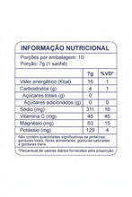 Tabela de informação nutricional do sachê de eletrólitos em pó SPORTBR, detalhando nutrientes por porção de 7g.