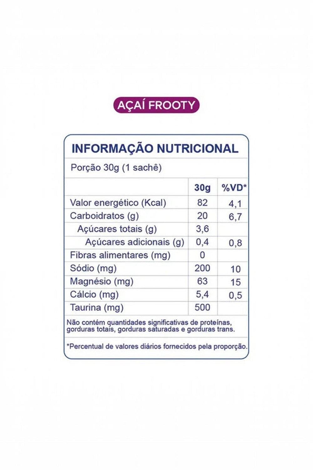 Tabela de informação nutricional do gel de carboidrato SPORTBR BT 400 sabor Açaí Frooty com 30g por sachê