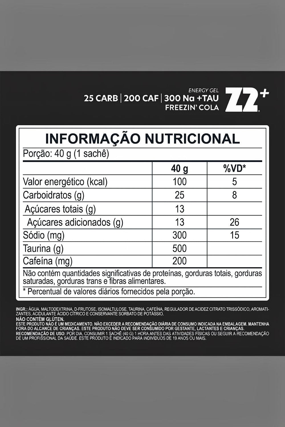 Tabela nutricional do gel de carboidrato SPORTBR Z2+ sabor Freezin Cola com 25g de carboidratos e 200mg de cafeína.