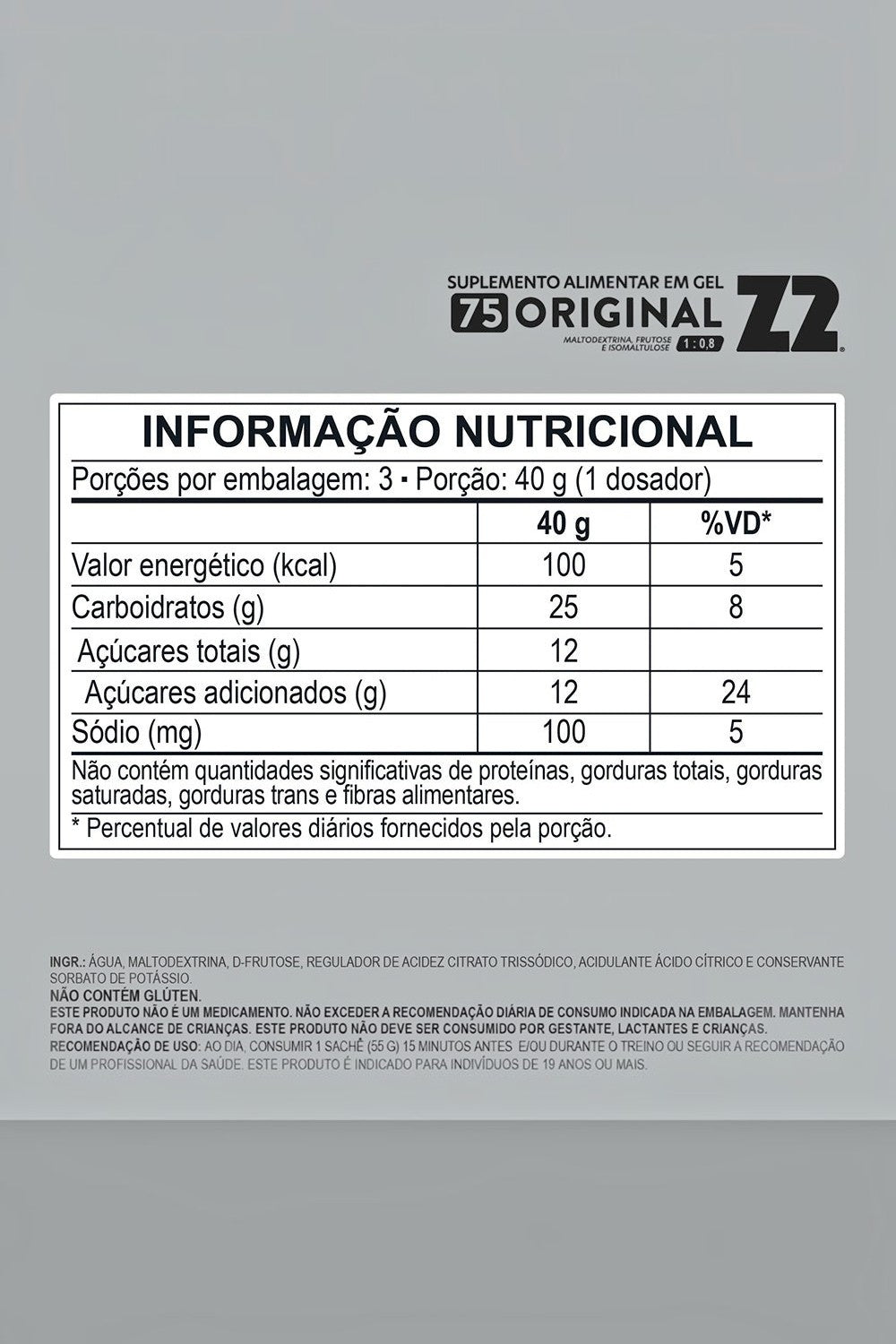 Tabela de informação nutricional do gel energético SPORTBR Z2 Flask 75 LoadUp com detalhes de carboidratos e sódio