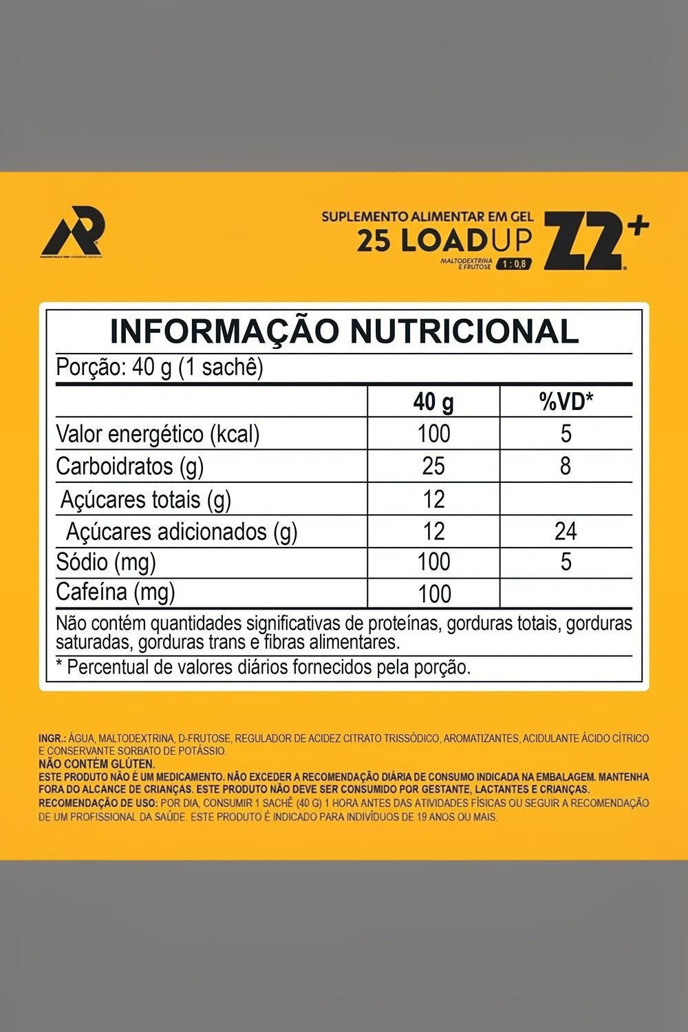 Tabela nutricional do sachê de gel de carboidrato Z2+ SPORTBR com 25g de carboidratos e 100mg de cafeína