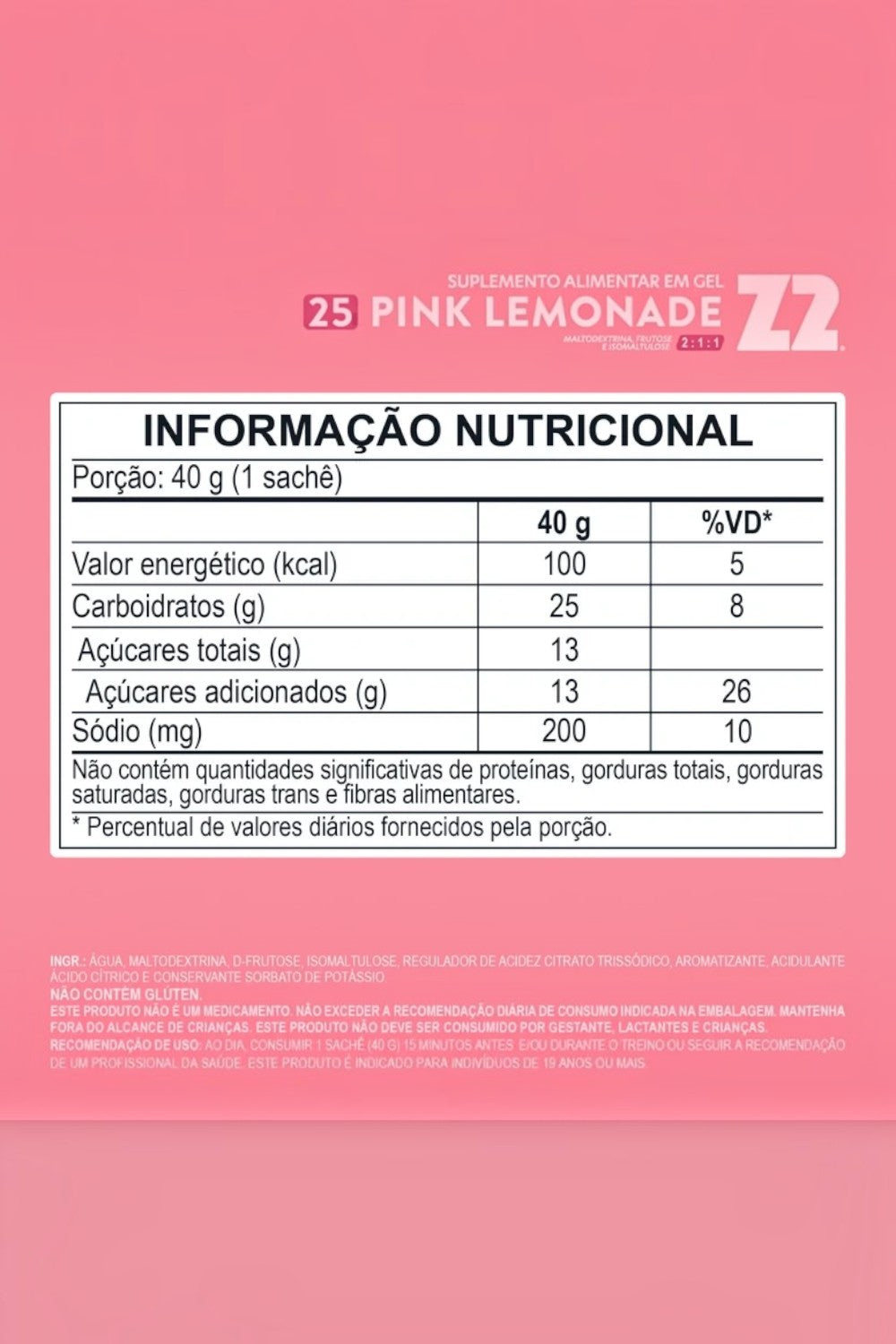 Tabela nutricional do gel de carboidrato SPORTBR Z2 sabor Pink Lemonade com 204mg de sódio e 25g de carboidratos