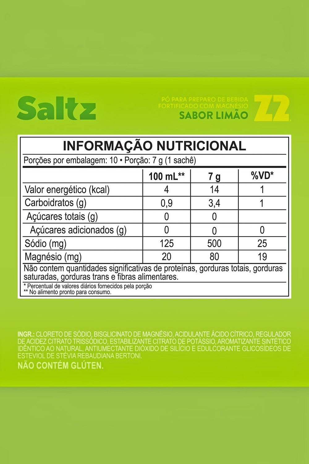 Tabela nutricional do suplemento Saltz 500 Z2 sabor limão da SPORTBR com detalhes de sódio e magnésio