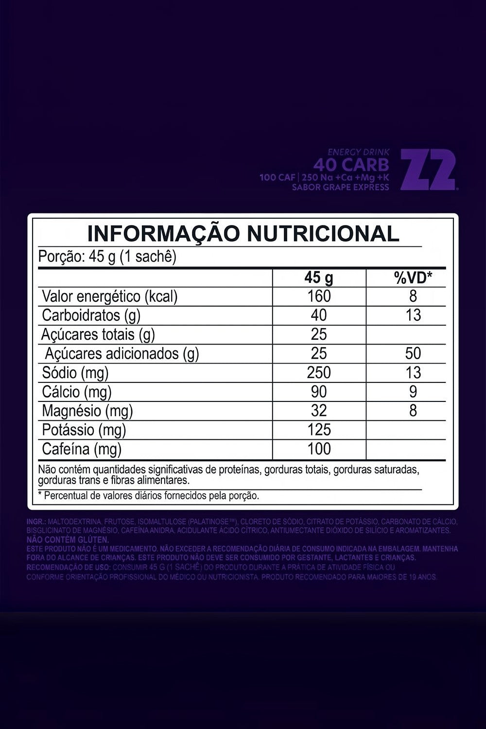 Tabela nutricional do SPORTBR Z2+ Power Powder sabor Grape Express com 40g de carboidratos e 100mg de cafeína