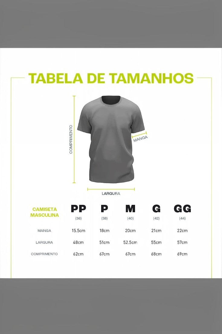 Tabela de medidas da camiseta masculina Julia Sette Mood da SPORTBR com ilustrações de comprimento, manga e largura