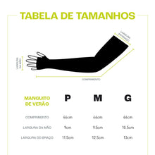 Tabela de tamanhos do manguito esportivo de verão SPORTBR, com medidas de comprimento, largura da mão e largura do braço para os tamanhos P, M e G.