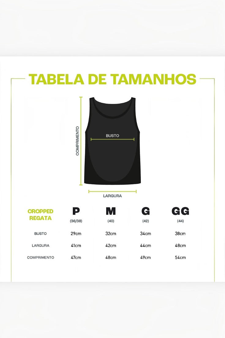 Tabela de tamanhos da regata cropped preta SPORTBR com medidas de busto, largura e comprimento para os tamanhos P a GG