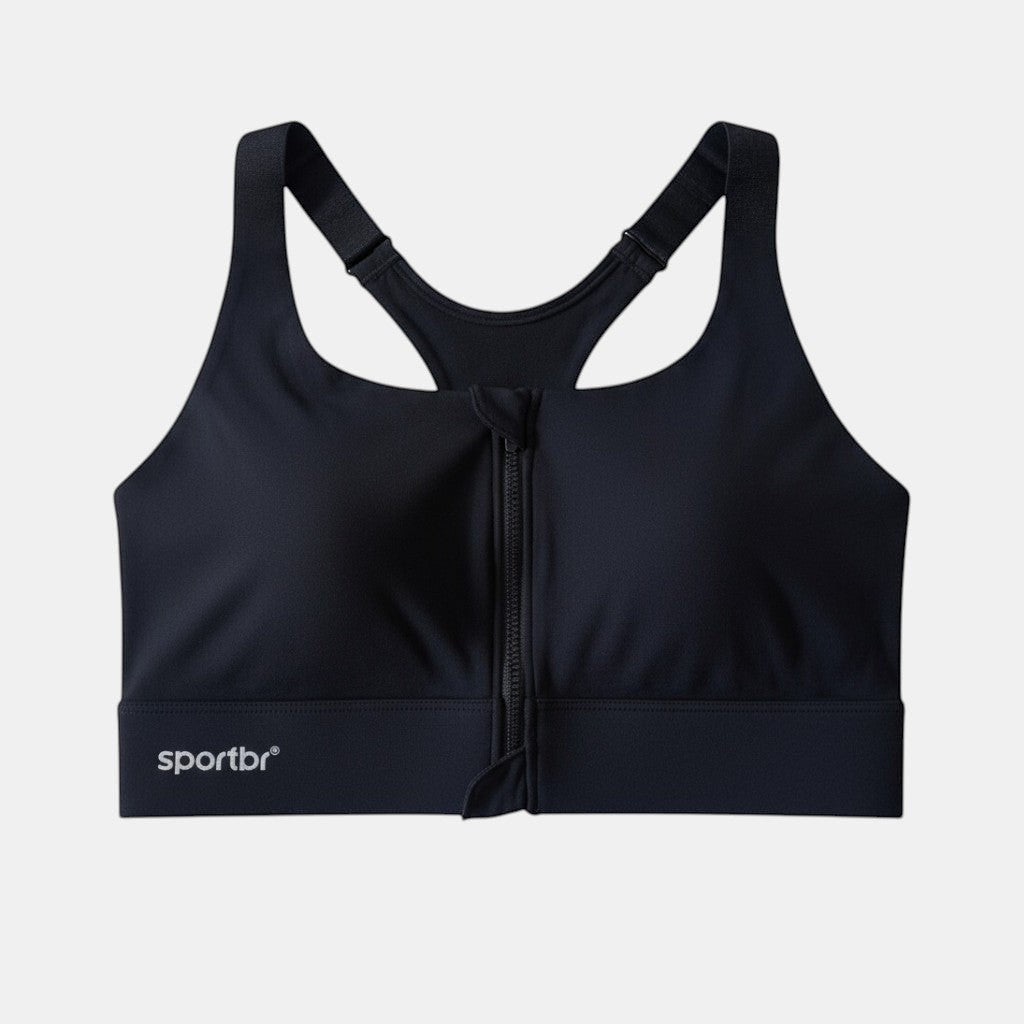 Top de alta sustentação SPORTBR preto com zíper frontal e bojo fixo, ideal para corrida e treinos de impacto.