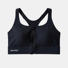 Top de alta sustentação SPORTBR preto com zíper frontal e bojo fixo, ideal para corrida e treinos de impacto.