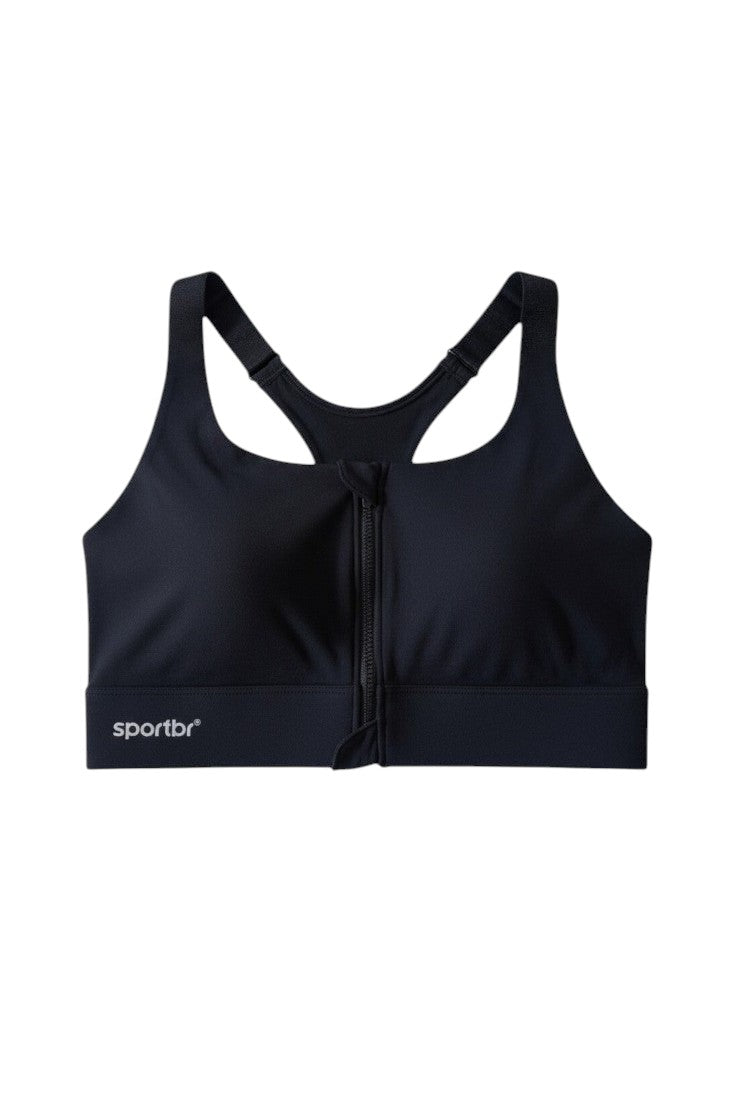 Top de alta sustentação preto SPORTBR com zíper frontal e alças largas para treinos de impacto