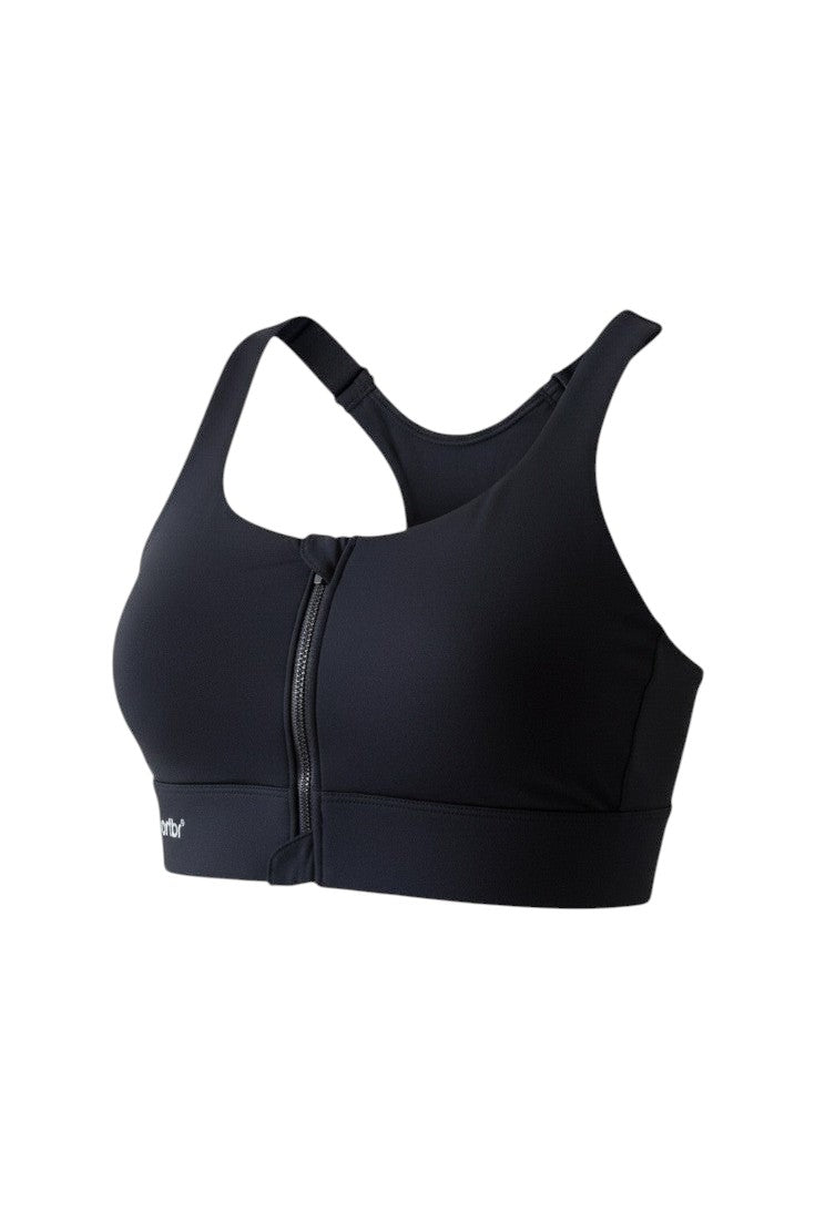 Top de alta sustentação preto SPORTBR com zíper frontal, bojo fixo e alças largas para treinos de impacto.