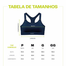 SPORTBR Top azul marinho de alta sustentação com bojo fixo e alças reguláveis, ideal para corrida.