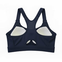 Top de alta sustentação SPORTBR azul marinho com bojo fixo e alças reguláveis, ideal para corrida.