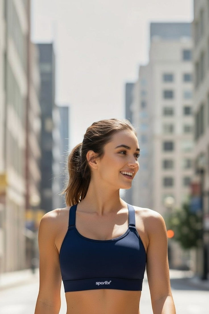 Modelo sorridente usando top esportivo azul marinho de alta sustentação da marca SPORTBR em ambiente urbano.