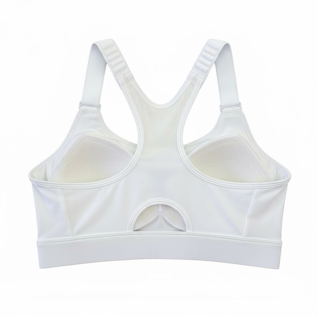 Top esportivo branco SPORTBR com bojo fixo e alças reguláveis, ideal para alta sustentação em treinos.