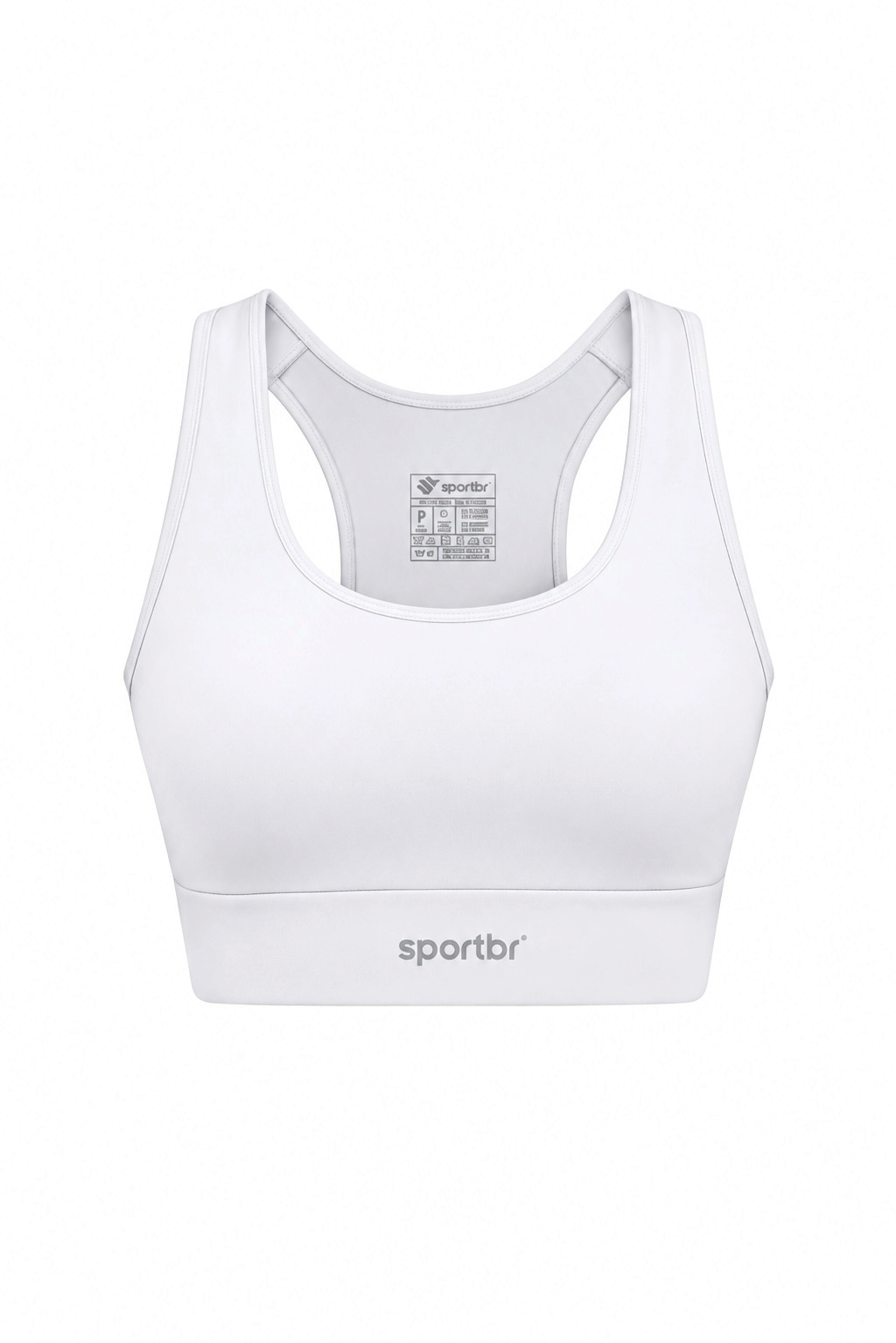 Top esportivo feminino branco SPORTBR Camilla com modelagem nadador, alta sustentação e tecido de compressão.