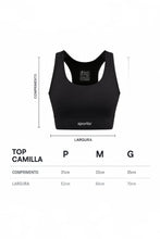Top esportivo feminino SPORTBR Camilla na cor preta, modelo nadador com alta sustentação e tabela de medidas.