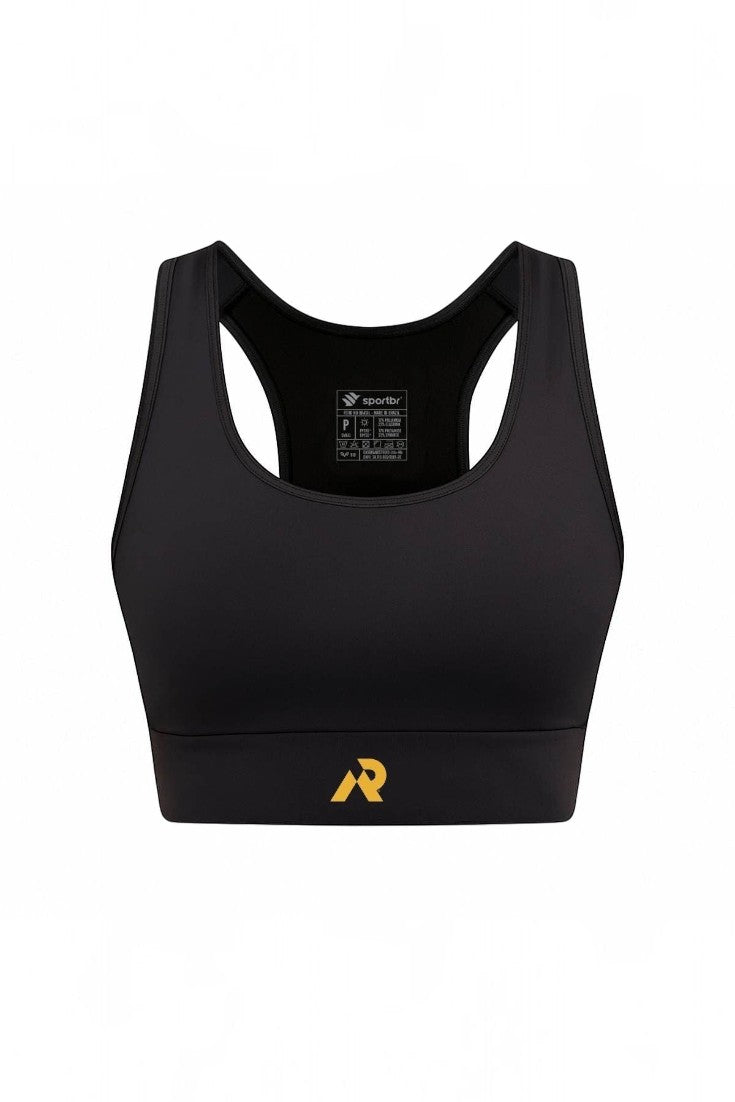 Top esportivo feminino SPORTBR Camilla preto com modelagem nadador, alta sustentação e compressão para treinos intensos.