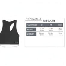 Tabela de medidas do top esportivo feminino preto modelo nadador da marca SPORTBR com detalhes de altura e largura.