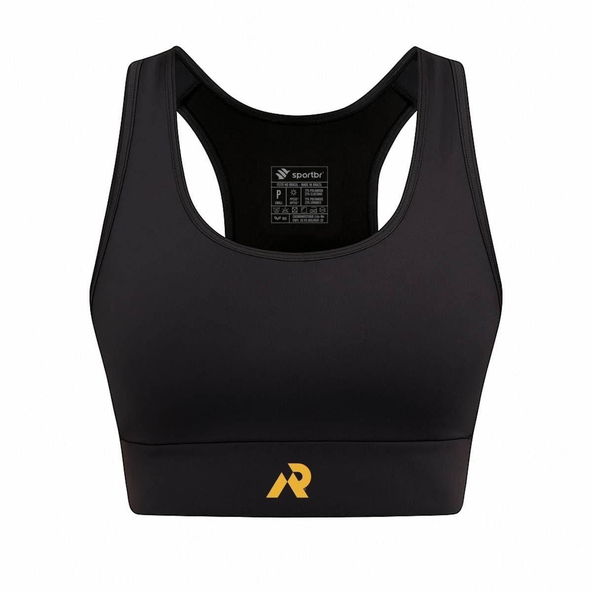 Top esportivo feminino SPORTBR preto, alta sustentação, compressão, modelo nadador, ideal para corrida e treinos intensos.