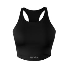 Top cropped preto de alta sustentação da SPORTBR para corrida, com bojo integrado e logo refletivo.
