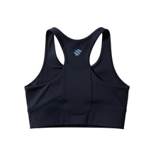 Top cropped preto de alta sustentação SPORTBR com bolso traseiro e logo refletivo, ideal para corrida.