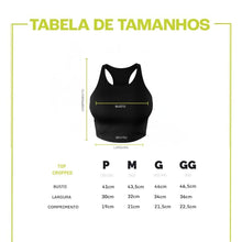 Tabela de tamanhos do top cropped preto feminino SPORTBR, com medidas de busto, largura e comprimento.