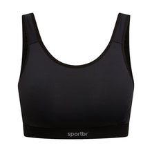 Top preto SPORTBR de alta sustentação com tecnologia Spider, fecho ajustável e logo refletivo.