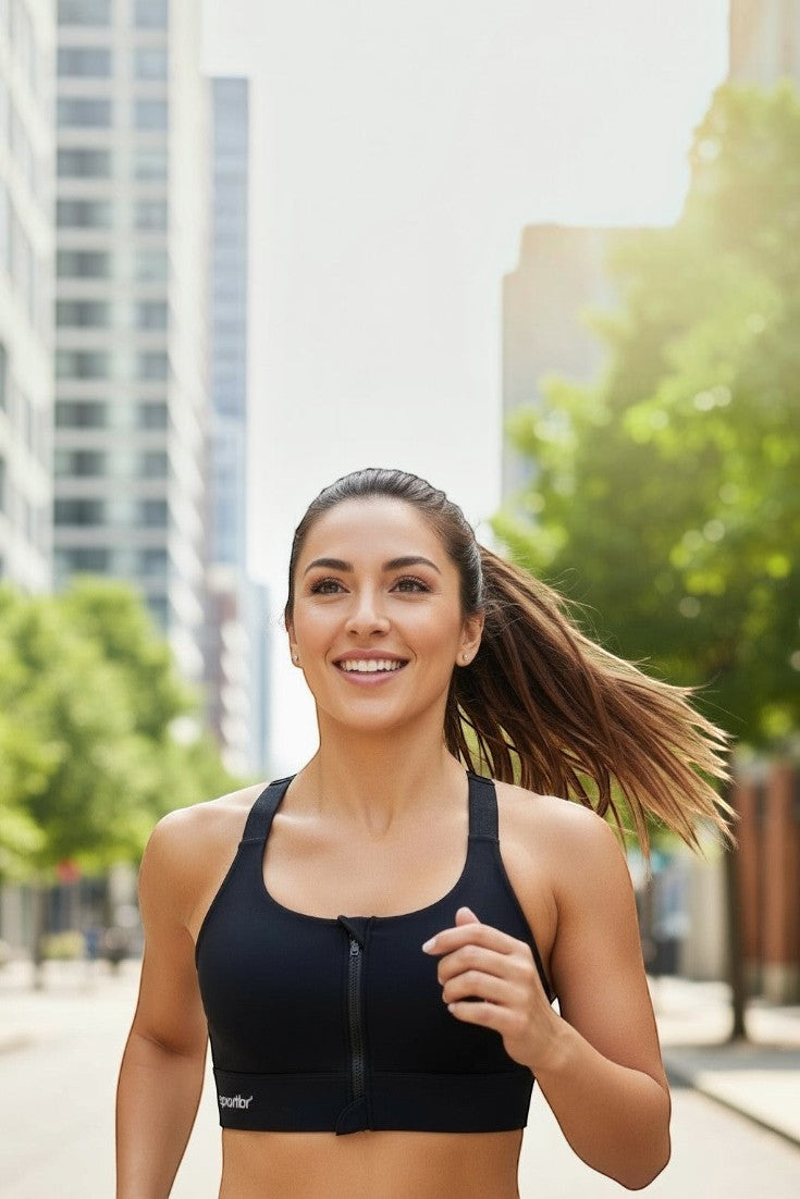 Mulher sorridente correndo na rua usando top preto de alta sustentação com zíper frontal da marca SPORTBR