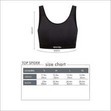 Top Spider SPORTBR preto de alta sustentação com tecnologia Spider e fecho ajustável. Ideal para corrida e treinos.