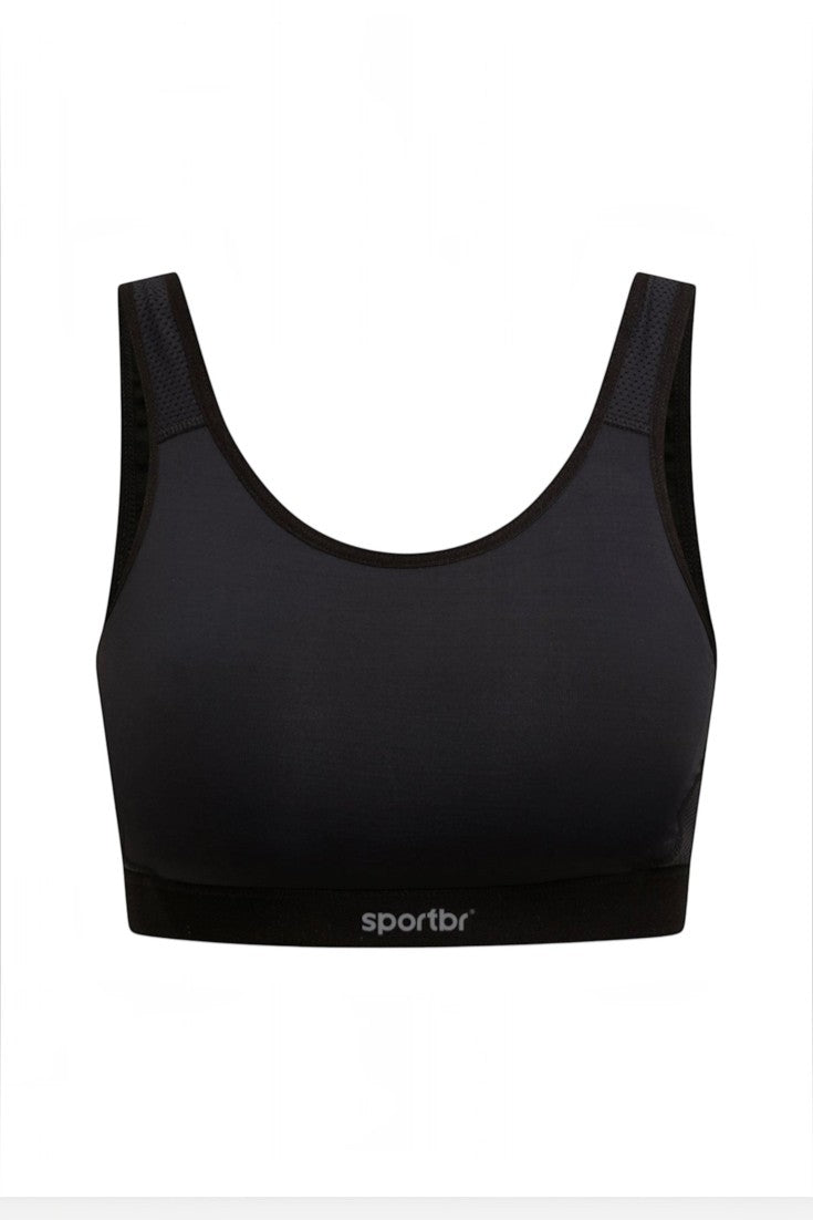 Top esportivo preto de alta sustentação SPORTBR com tecnologia Spider, tecido respirável e ajuste firme.