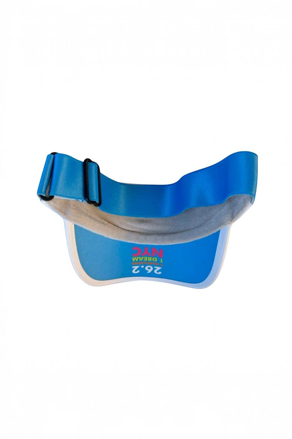 Viseira SPORTBR azul com estampa 26.2 NYC, forro tecnológico absorvente e ajuste elástico para corrida.