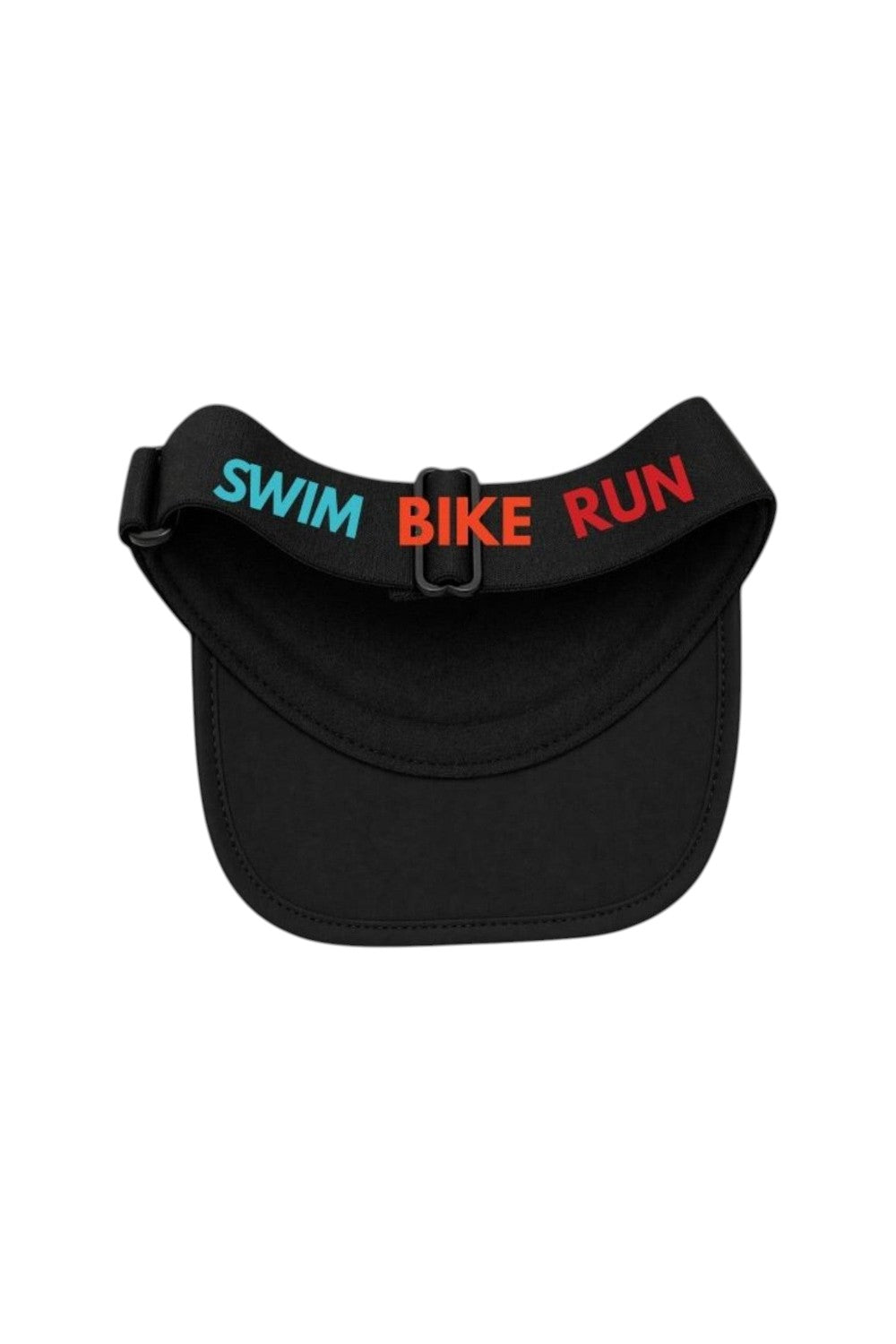 Viseira SPORTBR preta com elástico traseiro colorido escrito SWIM BIKE RUN, ideal para corrida e triathlon.