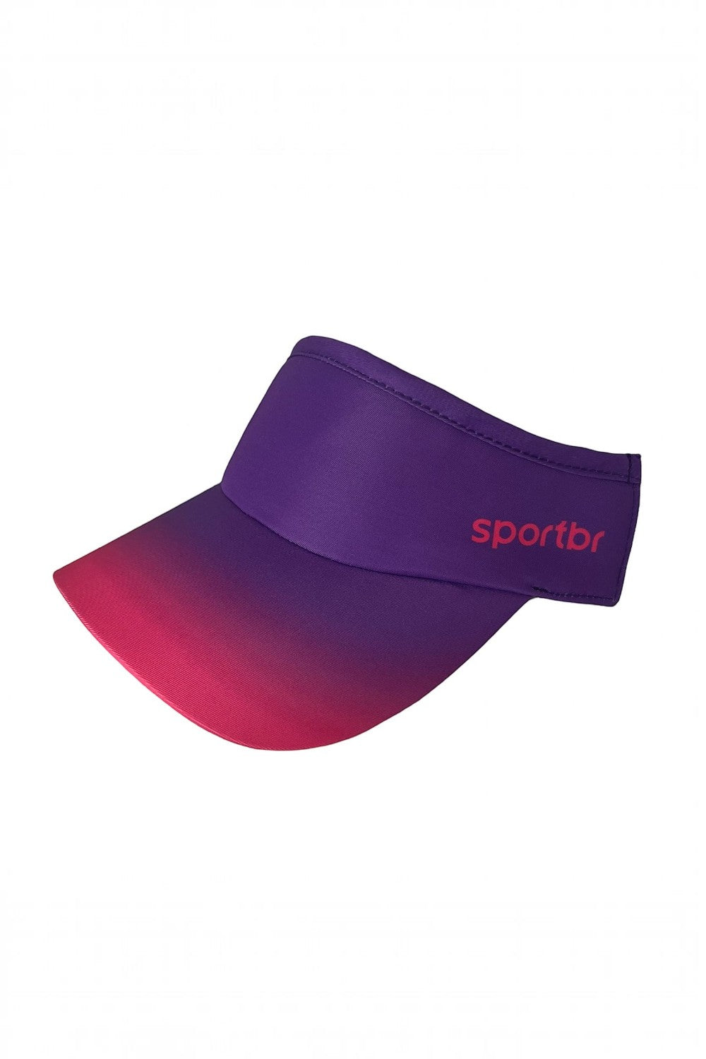 Viseira de corrida SPORTBR roxa com degradê rosa, design leve, aba protetora e ajuste elástico para esportes.