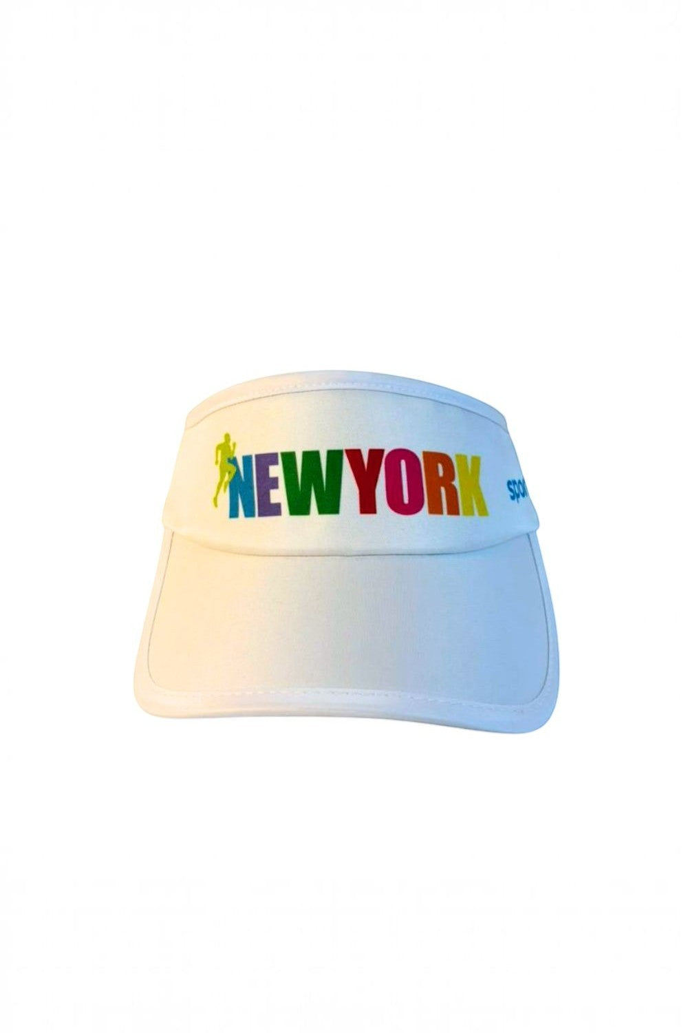 Viseira SPORTBR New York branca com estampa colorida, tecido tecnológico dry fit e ajuste elástico para corrida.