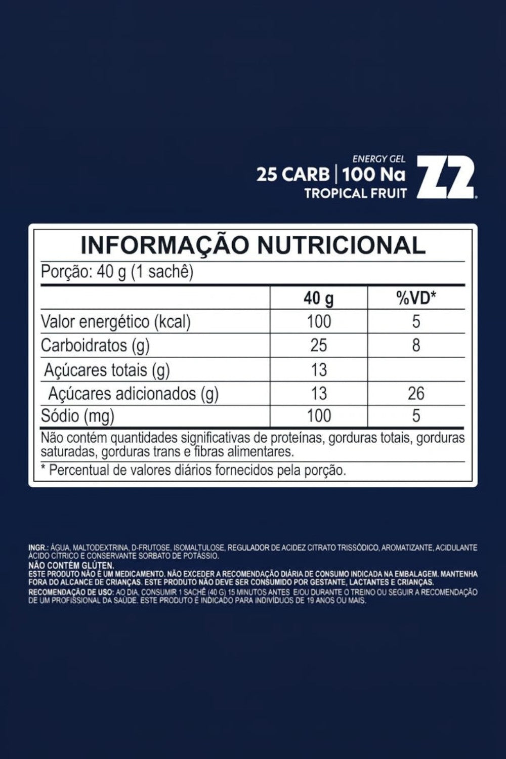 Tabela nutricional do sachê de gel de carboidrato SPORTBR Z2 Energy Gel sabor Tropical Fruit de 40g