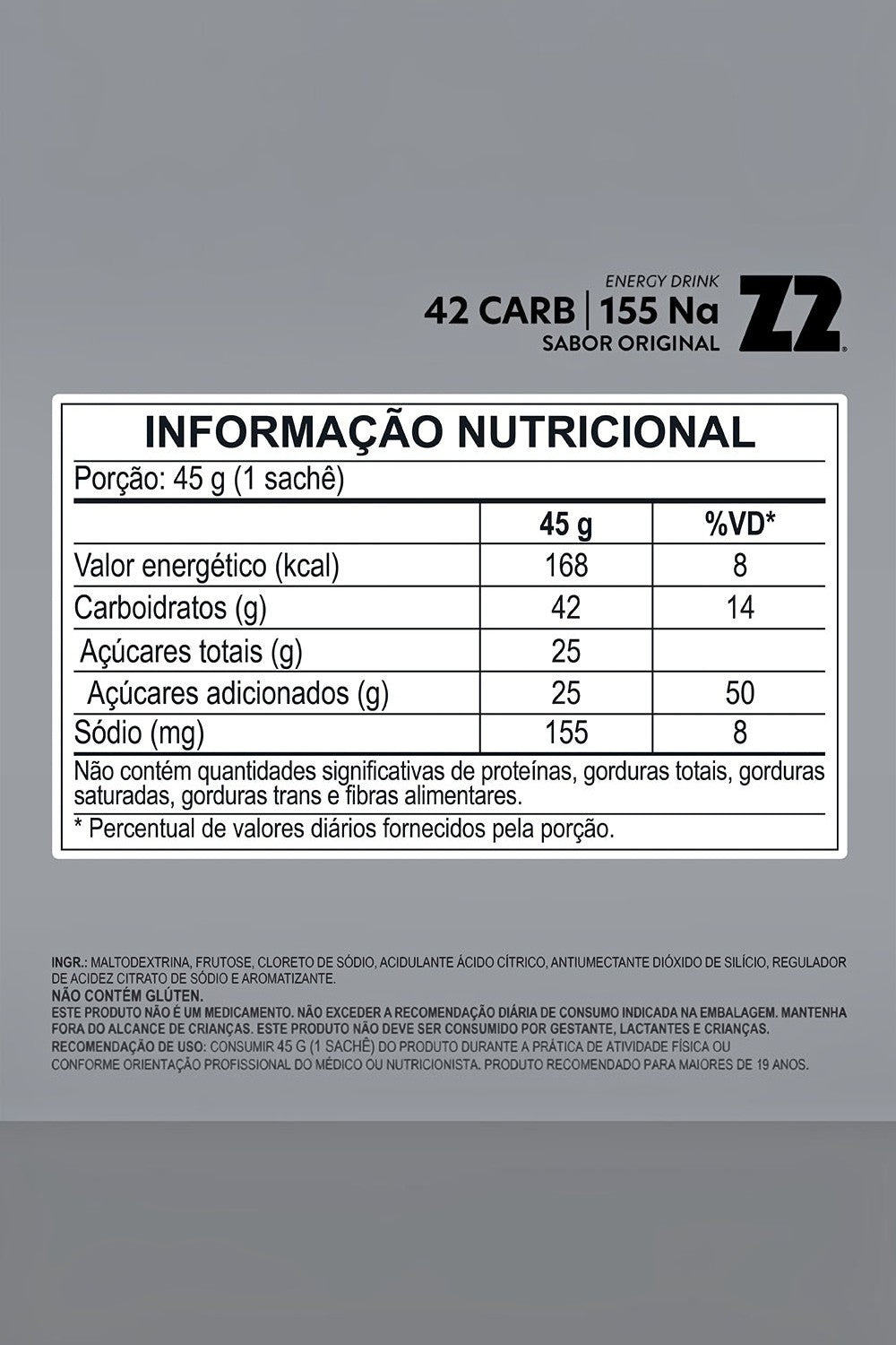 Tabela nutricional do sachê de repositor energético SPORTBR Z2 Power Powder sabor original com 45g