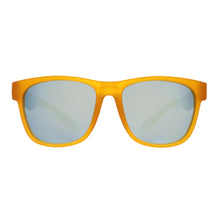 Óculos de sol laranja unissex com armação quadrada para rosto grande e lente azul espelhada, polarizada com proteção UV400. O acessório é leve, confortável e não escorrega ou pula no rosto ao realizar esportes.