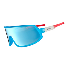 Óculos de sol azul-branco degradê unissex com armação máscara e lente única azul espelhada, polarizada com proteção UV400. O acessório é leve, confortável e não escorrega ou pula no rosto ao realizar esportes.