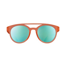 Óculos de sol laranja unissex com armação redonda e lente azul espelhada, polarizada com proteção UV400. O acessório é leve, confortável e não escorrega ou pula no rosto ao realizar esportes.