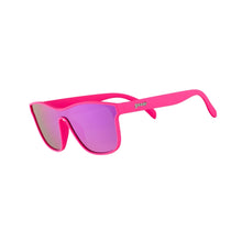 Óculos de sol rosa unissex com armação quadrada e lente única roxa espelhada, polarizada com proteção UV400. O acessório é leve, confortável e não escorrega ou pula no rosto ao realizar esportes.
