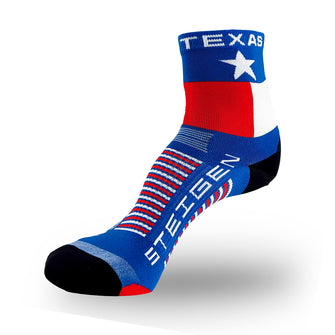 Meia corrida bandeira Texas, cano médio e tamanho único. A meia é sem costura, anti-bolha e confortável.